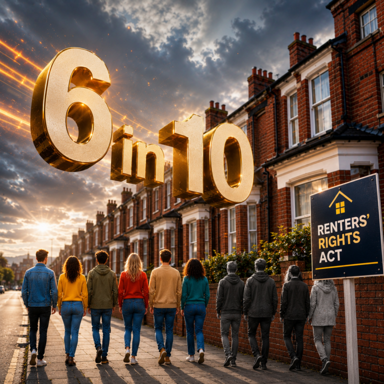Tenants walking past homes with Renters’ Rights Act sign and 6 in 10 awareness figure