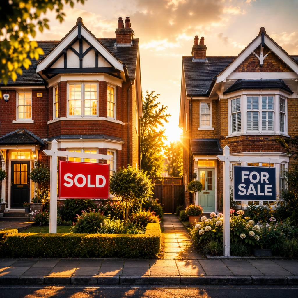 Two neighbouring houses with sold and for sale signs highlighting property pricing and landlord sales decisions.