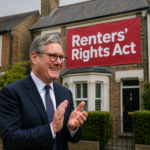 Prime Minister speaking beside a Renters’ Rights Act banner outside residential housing