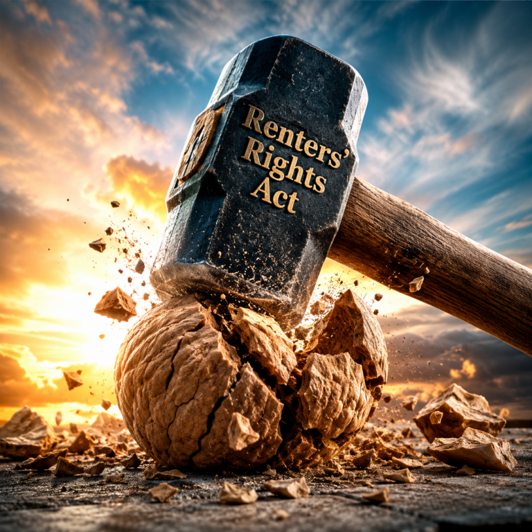 Sledgehammer labelled “Renters’ Rights Act” smashing a cracked nut to symbolise landlord concerns over new rental laws.
