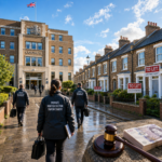 Private rented sector enforcement officers approaching a UK council building beside rental properties