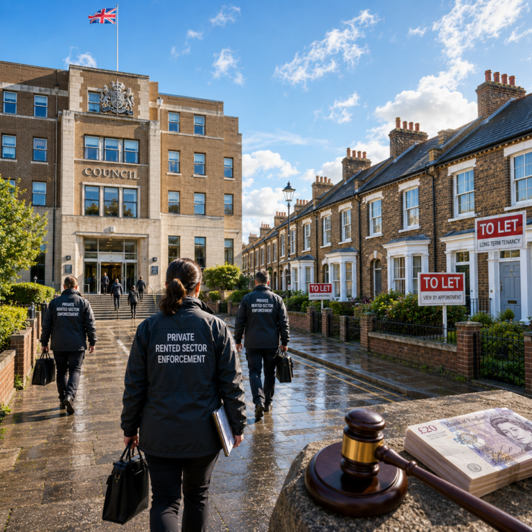 Private rented sector enforcement officers approaching a UK council building beside rental properties