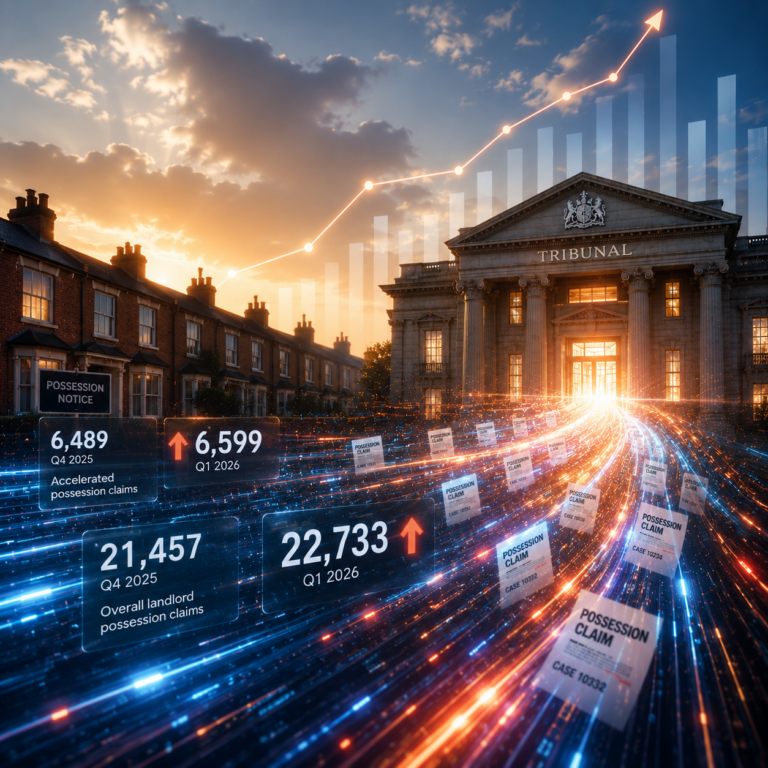 Rising possession claims data shown beside a tribunal, highlighting landlord court pressures
