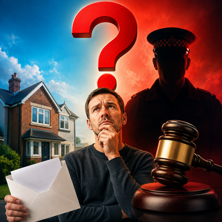 Concerned landlord holding paperwork beside a house with legal and policing imagery about rental fines