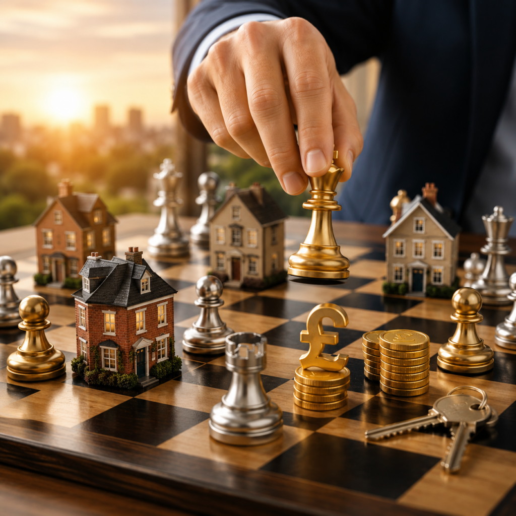 Hand moving a chess piece among model houses, symbolising strategic landlord property decisions