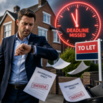 Landlord checking watch as overdue rental documents fly beside a “To Let” sign and missed deadline warning