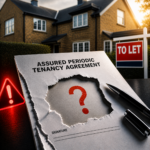 Assured periodic tenancy agreement with missing section highlighted and question mark, rental property in background