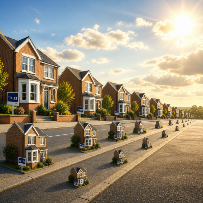 Row of suburban houses with “to let” signs highlighting rental market decline