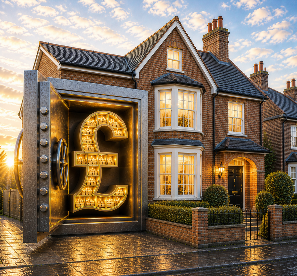 Residential property with a large vault featuring a pound symbol, representing equity tied up in real estate