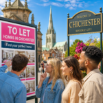 Group of renters viewing homes to let in Chichester beside the city welcome sign and cathedral backdrop