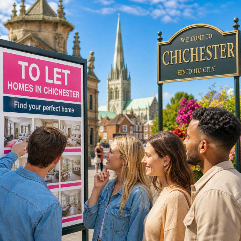 Group of renters viewing homes to let in Chichester beside the city welcome sign and cathedral backdrop