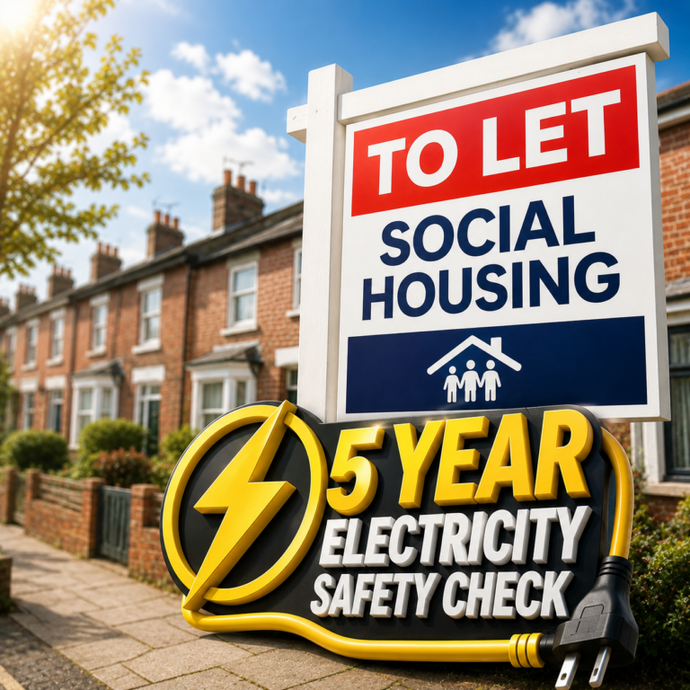 Social housing to let sign highlighting five-year electrical safety checks