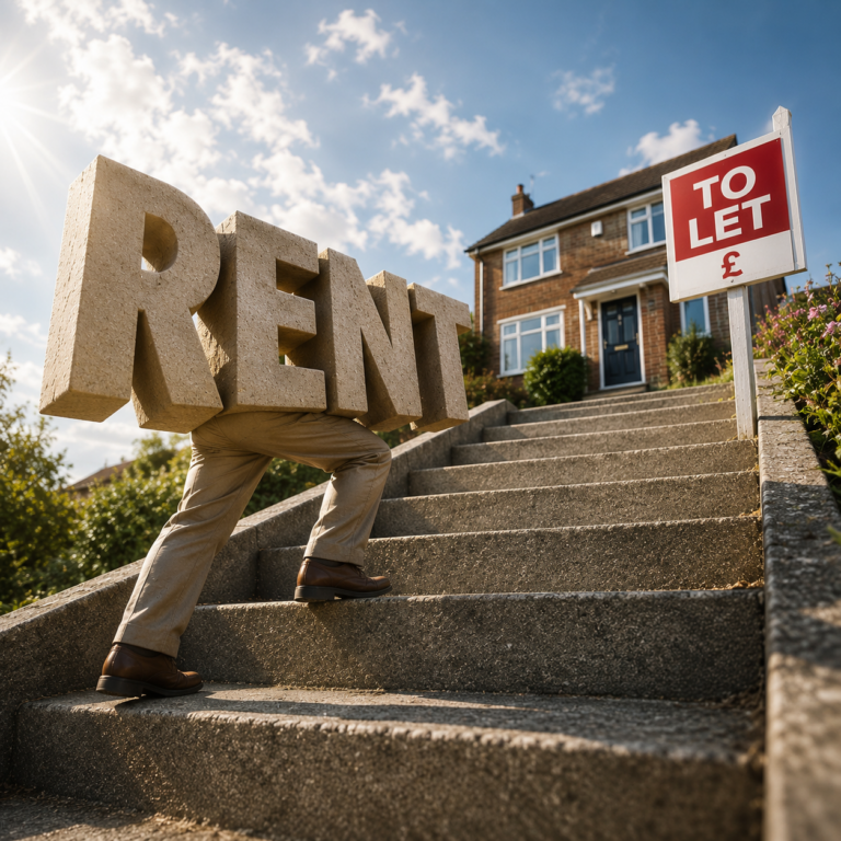 Person carrying large “RENT” letters up steps beside a house with a to let sign, illustrating rising UK rental costs.