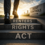 Tenant walking up steps labelled “Renters Rights Act” beside a rent controls sign at sunset