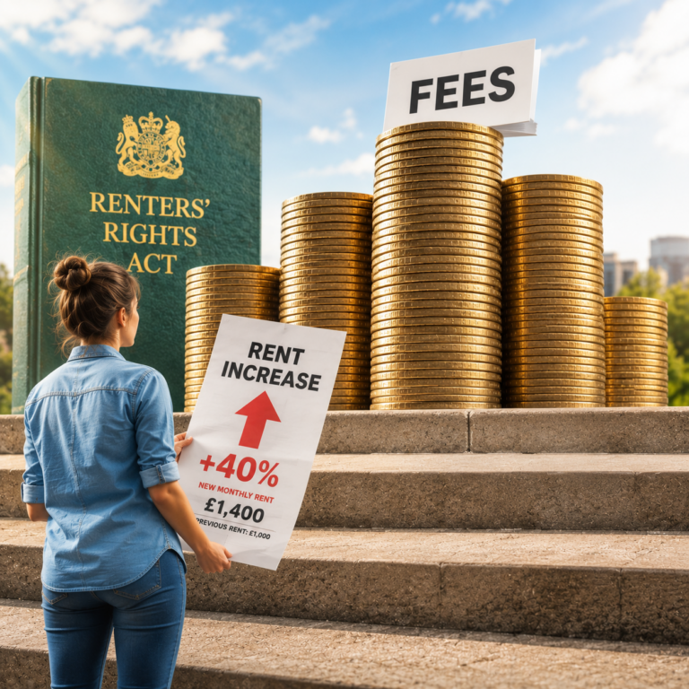 Tenant holding a rent increase notice beside stacks of coins and Renters’ Rights Act book