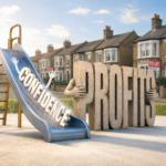 Confidence sliding down a playground slide beside profits blocks outside rental homes