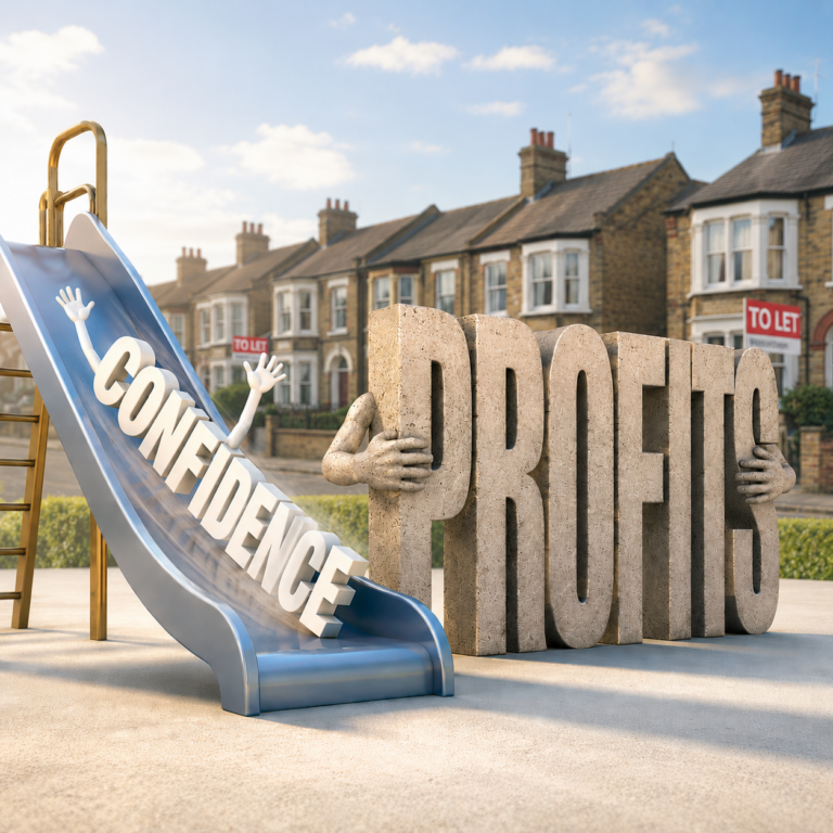 Confidence sliding down a playground slide beside profits blocks outside rental homes