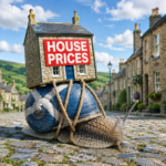 Giant snail carrying a house labelled “House Prices” symbolising Scotland’s slowing property market