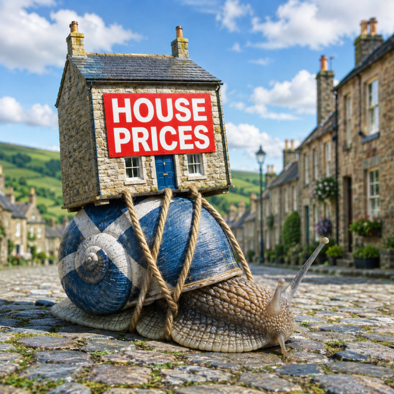 Giant snail carrying a house labelled “House Prices” symbolising Scotland’s slowing property market