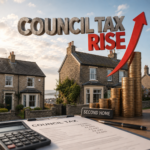 Council tax rise on second homes illustrated with housing, coins, and upward arrow graphic