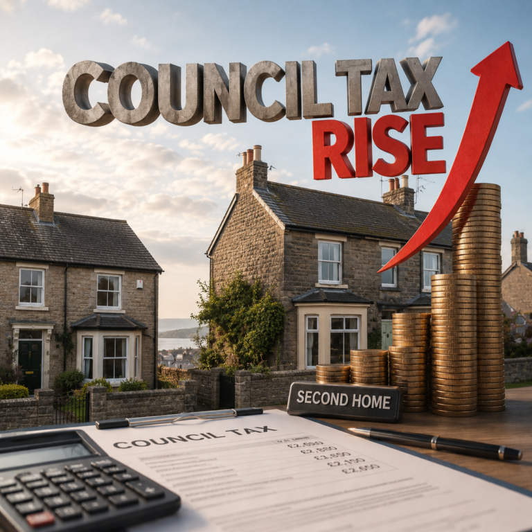 Council tax rise on second homes illustrated with housing, coins, and upward arrow graphic