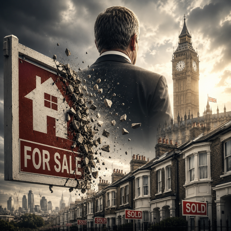 Crumbling “For Sale” sign and London homes symbolising landlords exiting the rental market after Renters’ Rights reforms.