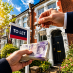 Landlord holding house keys and cash outside a UK rental property with a To Let sign