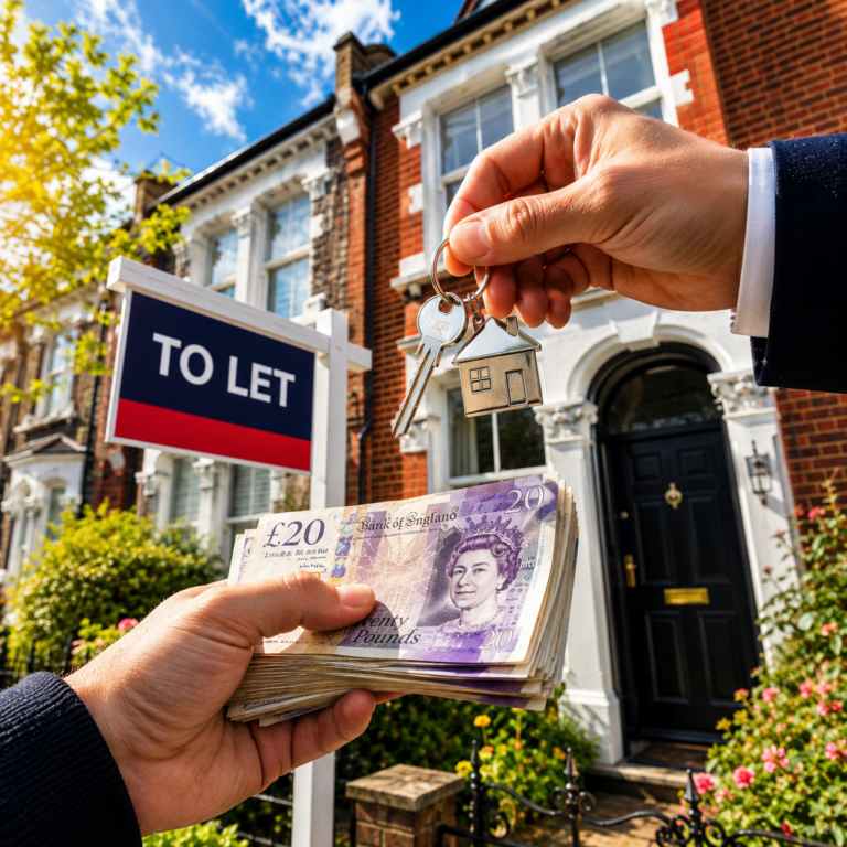 Landlord holding house keys and cash outside a UK rental property with a To Let sign