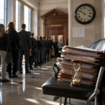 Queue outside a courtroom beside stacked legal files highlighting tribunal delays in England’s rental sector
