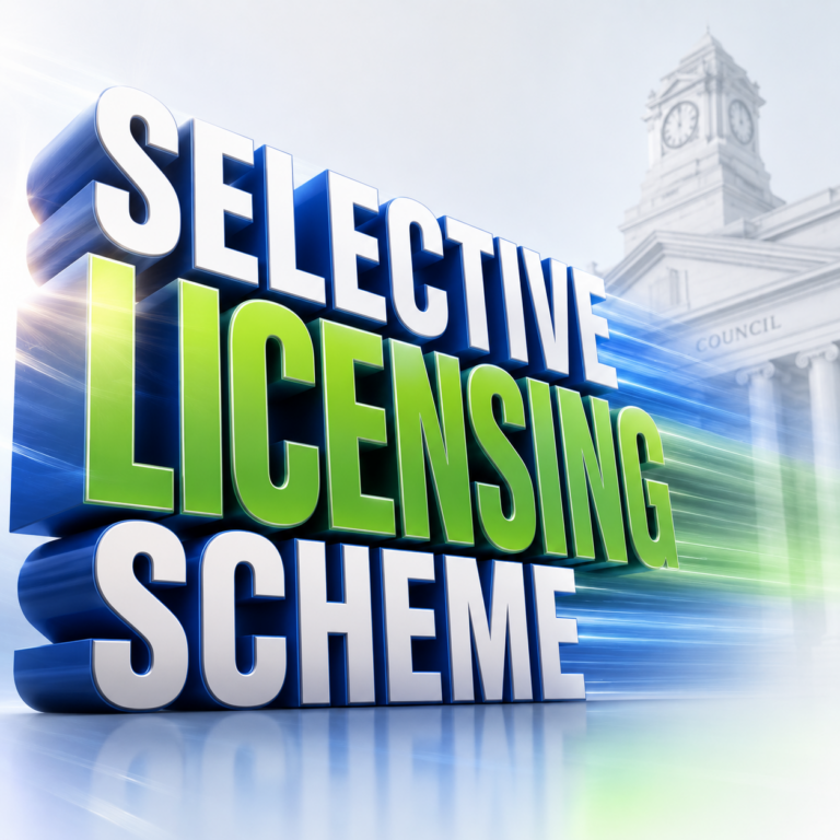 Selective licensing scheme graphic with council building background in County Durham