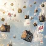 Falling UK house prices and mortgage uncertainty illustrated with homes and for sale signs dropping from the sky