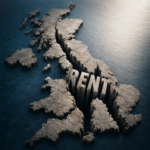 Cracked map of the UK with the word “RENT” symbolising regional rental market divides across Britain