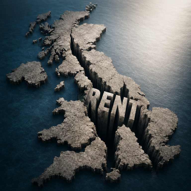 Cracked map of the UK with the word “RENT” symbolising regional rental market divides across Britain