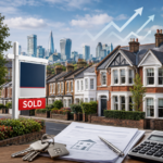 Terraced homes with a sold board, house keys and paperwork in the foreground, against a London skyline with upward arrows showing rising prices.