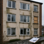 Damp-stained social housing block with cracked, misted and boarded-up windows, with an inspection clipboard in the foreground.