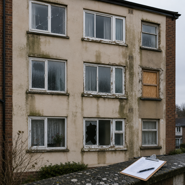 Damp-stained social housing block with cracked, misted and boarded-up windows, with an inspection clipboard in the foreground.