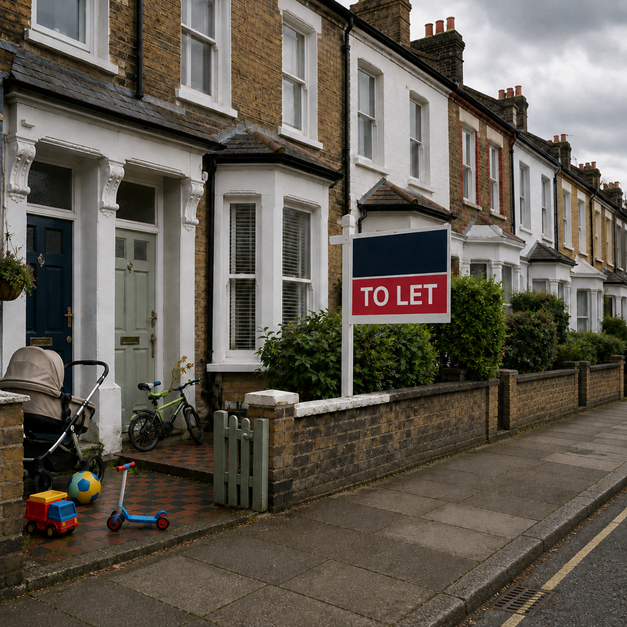 Row of UK terraced houses with a To Let sign, pram, bicycle and children’s toys outside a family home.