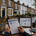 Landlord reviewing fixed-rate mortgage and portfolio figures beside a tablet, with a row of UK homes and a To Let sign behind.