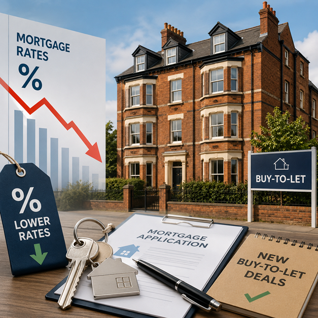 Red-brick buy to let property with mortgage paperwork, keys and a graphic showing falling mortgage rates.