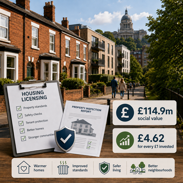 Nottingham housing licensing graphic showing terraced homes, inspection paperwork and figures of £114.9m social value and £4.62 returned per £1 invested.