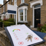 Tenant screening paperwork and house keys on a clipboard outside a terraced home with an unbranded letting sign.