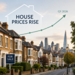 London terraced homes with a For Sale sign and skyline behind, overlaid with an upward graph reading ‘House prices rise, Q1 2026’.