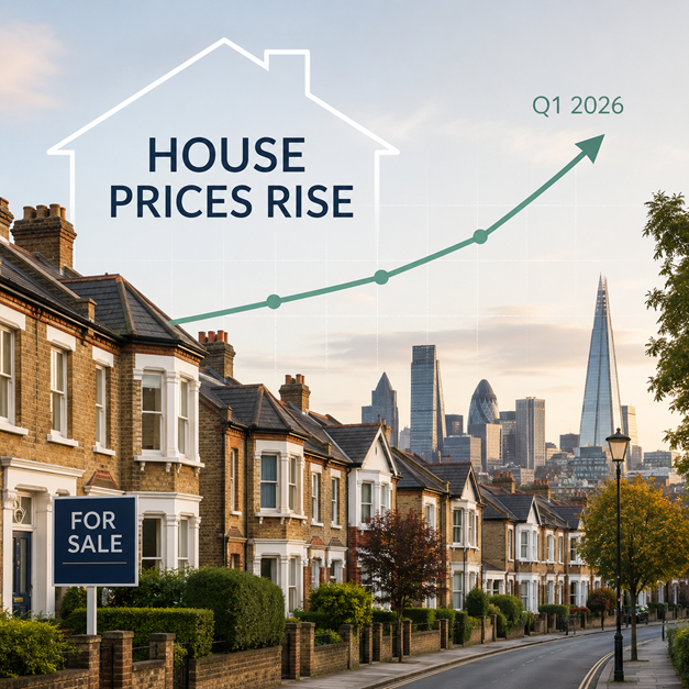 London terraced homes with a For Sale sign and skyline behind, overlaid with an upward graph reading ‘House prices rise, Q1 2026’.