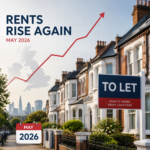 Row of British terraced homes with a To Let sign and rising graph illustrating rent increases in May 2026.