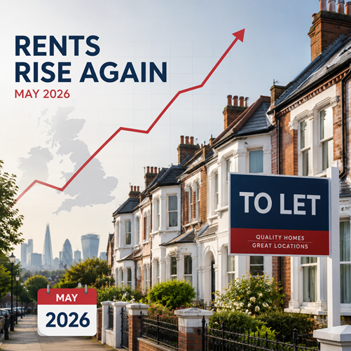 Row of British terraced homes with a To Let sign and rising graph illustrating rent increases in May 2026.