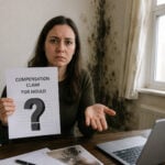Tenant holding a compensation claim form in a mould-damaged flat with visible black mould on walls