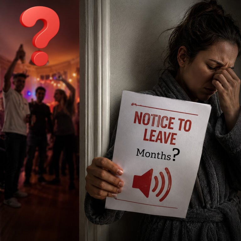 Distressed tenant holding a notice to leave notice while noisy neighbours party next door