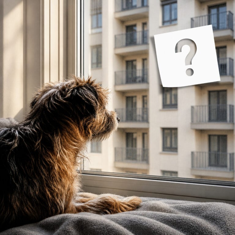 Dog looking out apartment window after tenant requests permission to keep a pet in a no-pets building