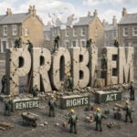 Workers repairing cracked “problem” text symbolising concerns over the Renters’ Rights Act and rogue tenants