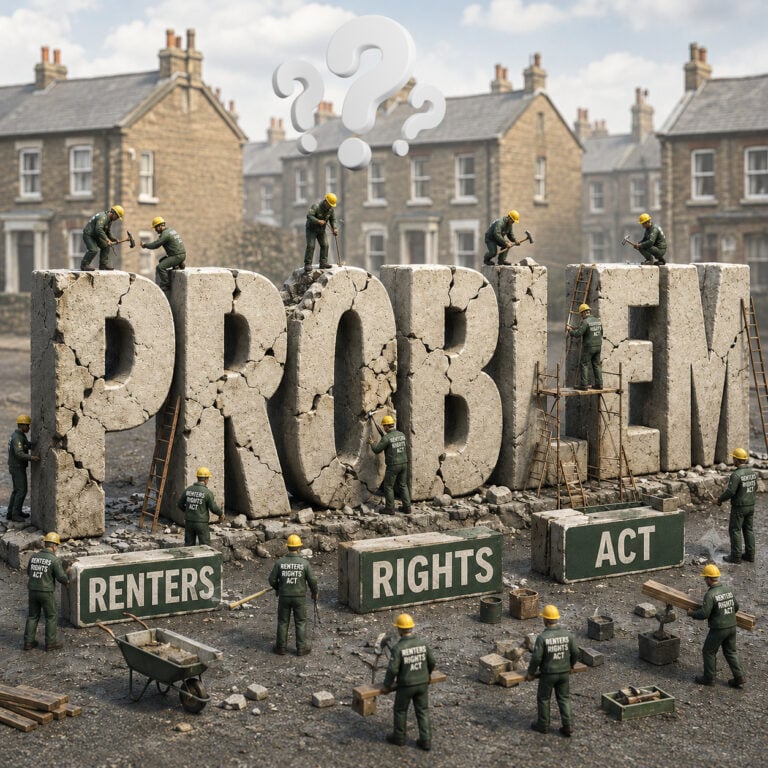 Workers repairing cracked “problem” text symbolising concerns over the Renters’ Rights Act and rogue tenants